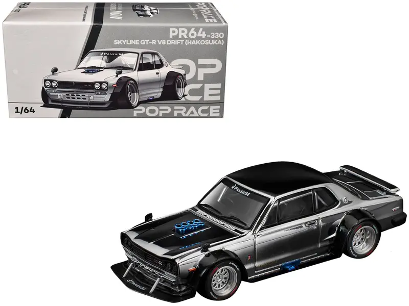 Skyline Gt-R V8 Drift "Hakosuka" Rhd (Right Hand Drive) Silver Chrome With Black Hood And Top 1/64 Diecast Model Car By Pop Race 1