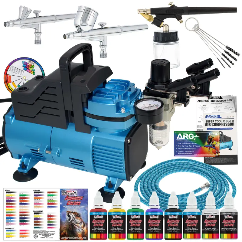 Super Cool Runner Dual Fan Air Compressor Professional Airbrushing System Kit With 3 Airbrushes, Gravity & Siphon Feed - 6 Primary Opaque Colors Acrylic Paint Artist Set, Hose & Holder 1
