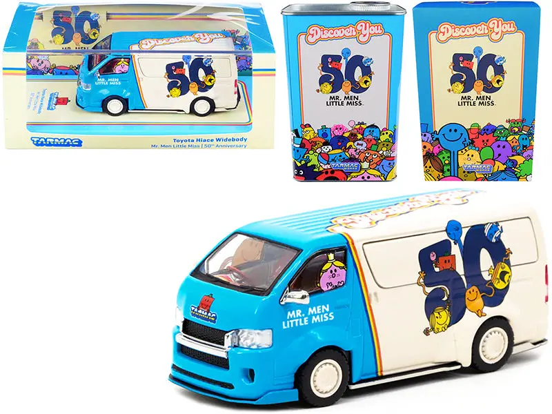 Toyota Hiace Widebody Van "Mr. Men Little Miss 50Th Anniversary" (1971-2021) With Metal Oil Can 1/64 Diecast Model Car By Tarmac Works 1