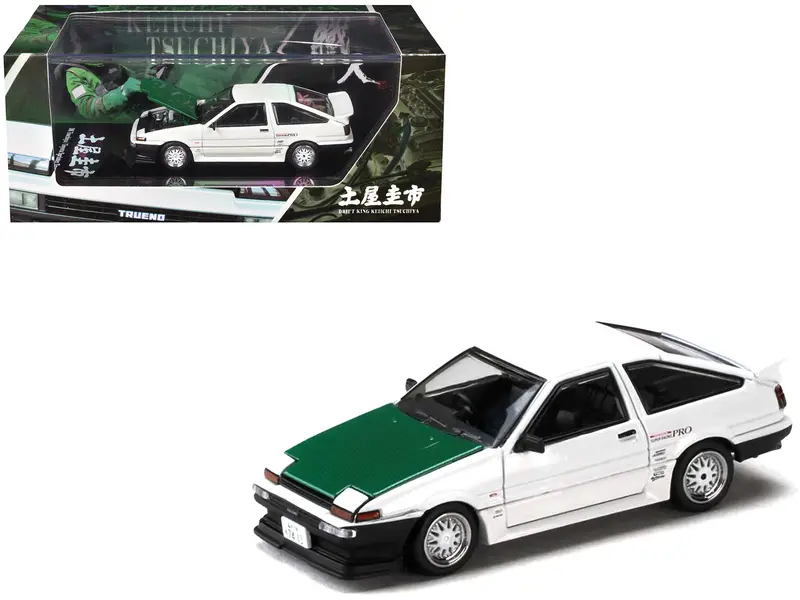 Toyota Sprinter Trueno (Ae86) Rhd (Right Hand Drive) "Keiichi Tsuchiya - Dori Dori Mesh Wheels" White With Green Carbon Hood 1/64 Diecast Model Car By Hobby Japan 1