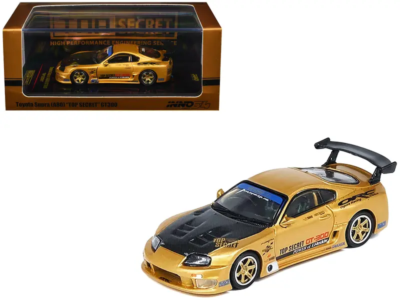 Toyota Supra (A80) "Top Secret" Gt300 Rhd (Right Hand Drive) Gold Metallic With Carbon Hood 1/64 Diecast Model Car By Inno Models 1