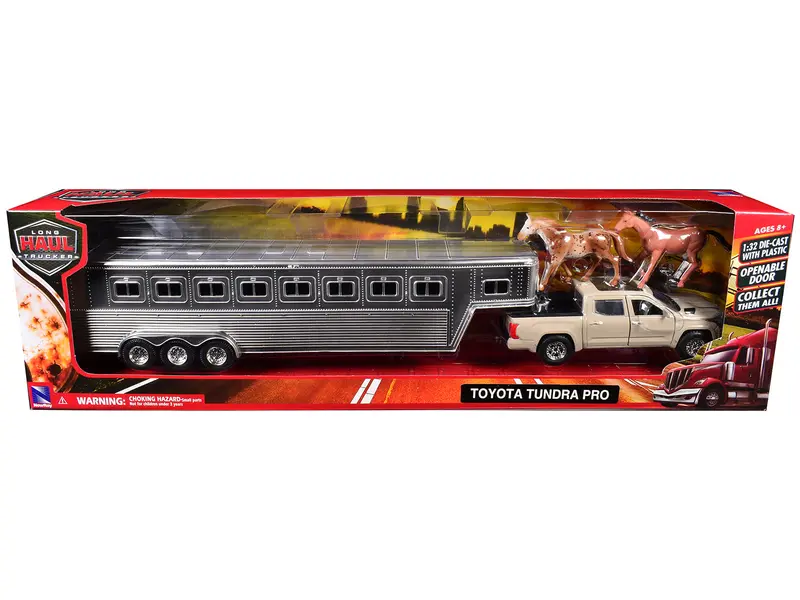 Toyota Tundra Pro Pickup Truck Beige With Horse Trailer Chrome And Horse Figures "Long Haul Truckers" Series 1/32 Diecast Model By New Ray 1