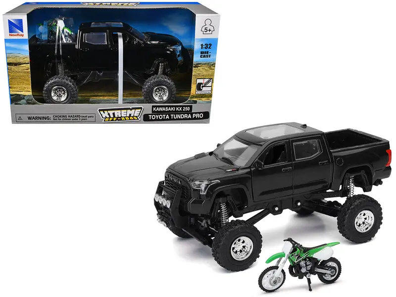 Toyota Tundra Pro Pickup Truck Black And Kawasaki Kx 250 Motorcycle Green And White "Xtreme Off-Road" Series 1/32 Diecast Models By New Ray 1