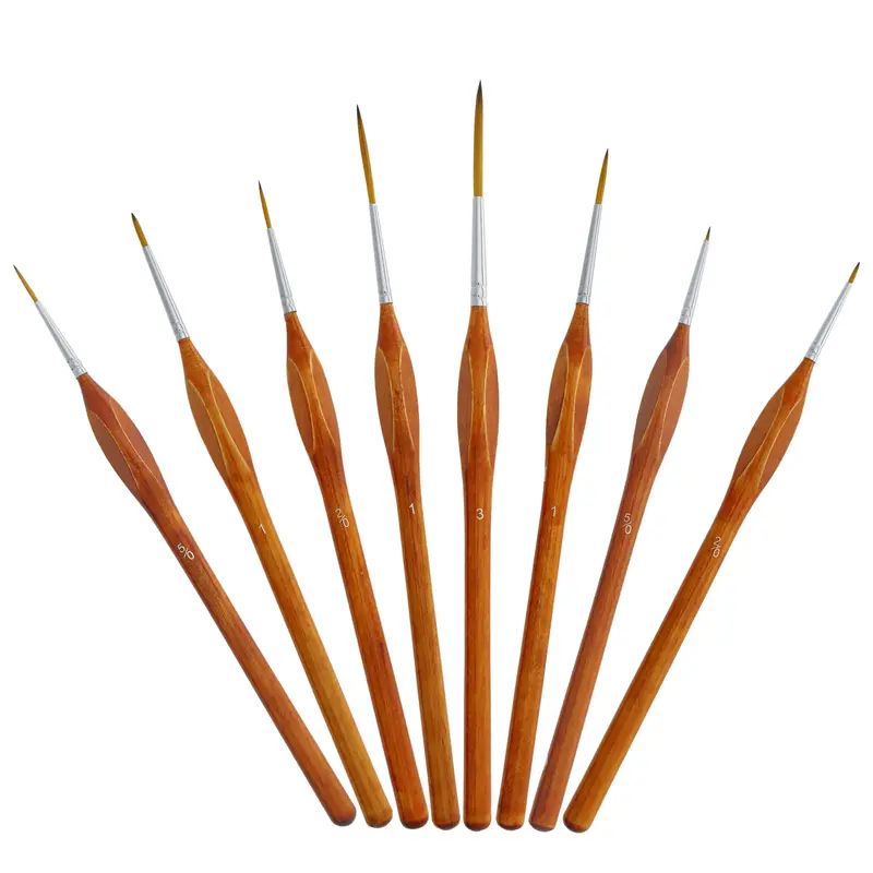U.S. Art Supply 8 Piece Taklon Detail And Liner Artist Brush Set With Wood Comfort Grip Handles - Art, Detailing, Acrylic, Oil, Watercolor 1