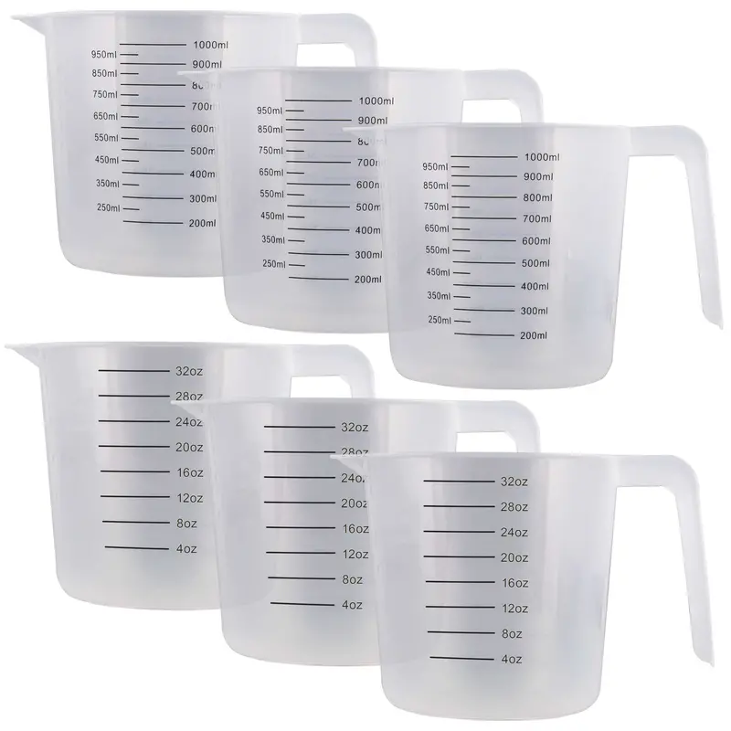 U.S. Kitchen Supply 6 Pack Plastic Measuring Cups With Handles - 32 Oz Liquid Measuring Cup, Clear Microwave Safe Kitchen Cups - Measure In Ml Or Ounces, Measurement Cup For Cooking 1