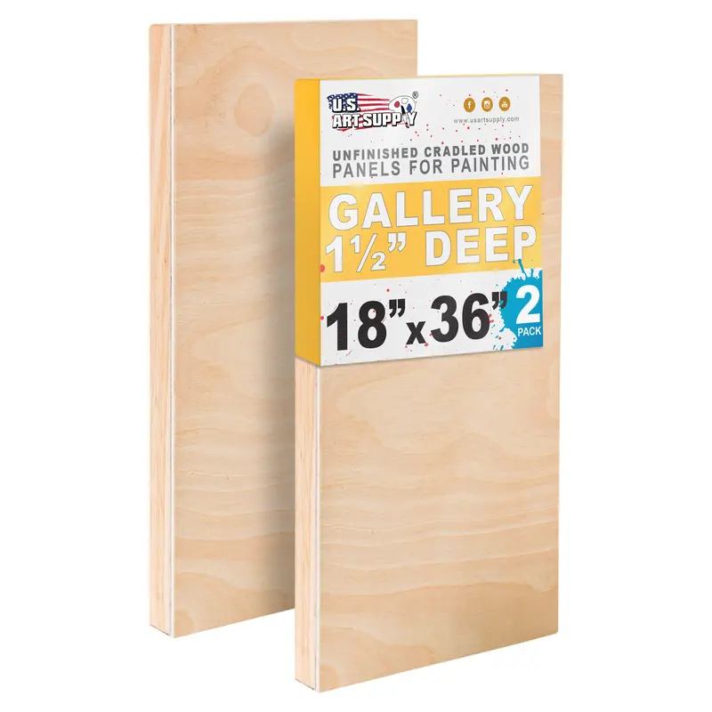 Unfinished Cradled Wood Panels For Painting, 2 Pack Of 18X36 Inch - Gallery Birch Wooden Canvas Boards 1-1/2" Deep - Mixed-Media Craft, Acrylic, Oil, Encaustic, Paint Pouring 1