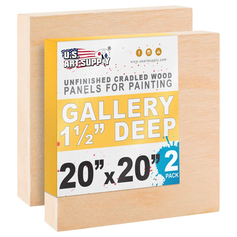 Unfinished Cradled Wood Panels For Painting, 2 Pack Of 20X20 Inch - Gallery Birch Wooden Canvas Boards 1-1/2" Deep - Mixed-Media Craft, Acrylic, Oil, Encaustic, Paint Pouring 1
