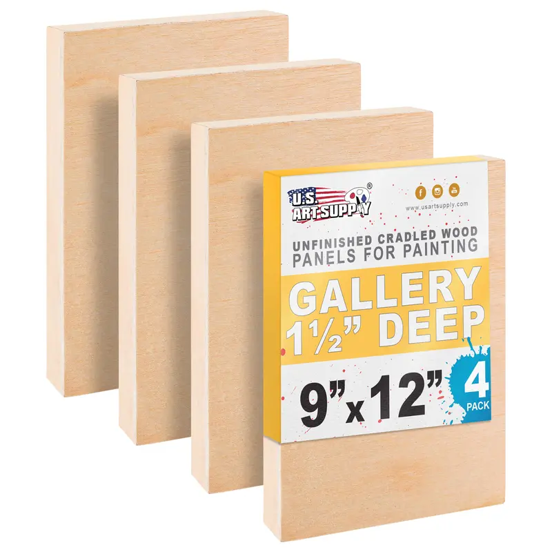 Unfinished Cradled Wood Panels For Painting, 4 Pack Of 9X12 Inch - Gallery Birch Wooden Canvas Boards 1-1/2" Deep - Mixed-Media Craft, Acrylic, Oil, Encaustic, Paint Pouring 1