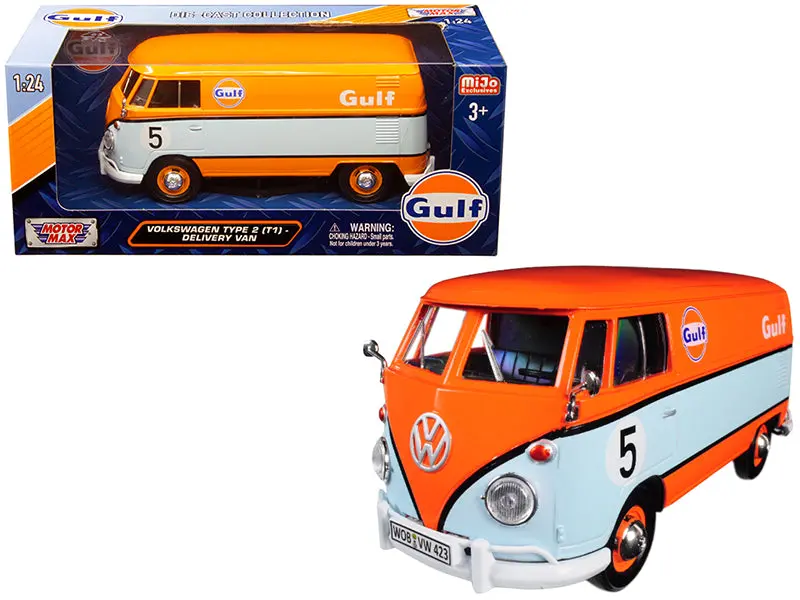 Volkswagen Type 2 (T1) Delivery Van #5 "Gulf" Orange And Light Blue 1/24 Diecast Model Car By Motormax 1