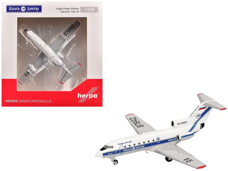Yakovlev Yak-40 Commercial Aircraft "Volga-Dnepr Airlines" (Ra-87842) White With Blue Stripes 1/200 Diecast Model Airplane By Herpa 1