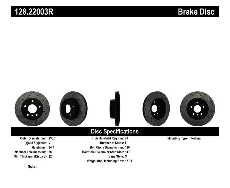 Stoptech 128.22003R Stoptech Sport Cross Drilled Brake Rotor; Front Right 1